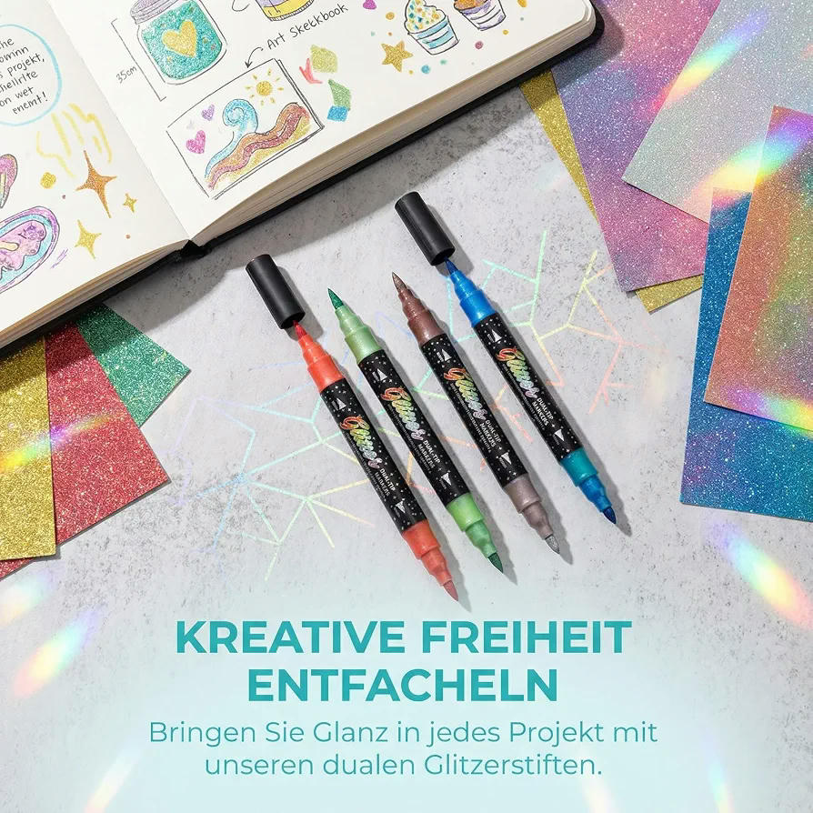 Set de 12 Rotuladores Brillantina Metálicos de Doble Punta (Fina y Ancha), para Libros para Colorear Adultos, Tarjetas Manualidades