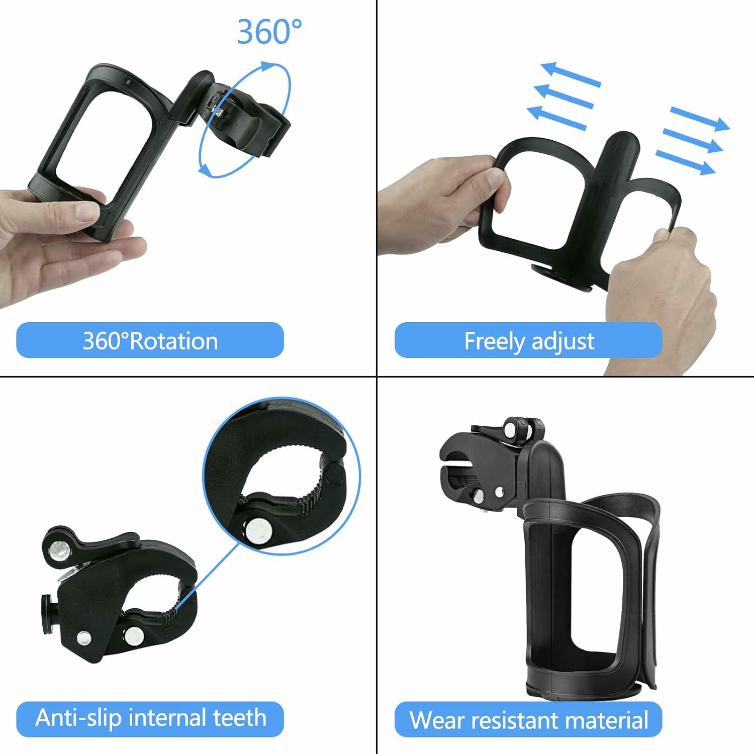 Portavasos Universal Ajustable para Cochecito y Bicicleta - 360 Grados, Ideal para Botellas y Tazas