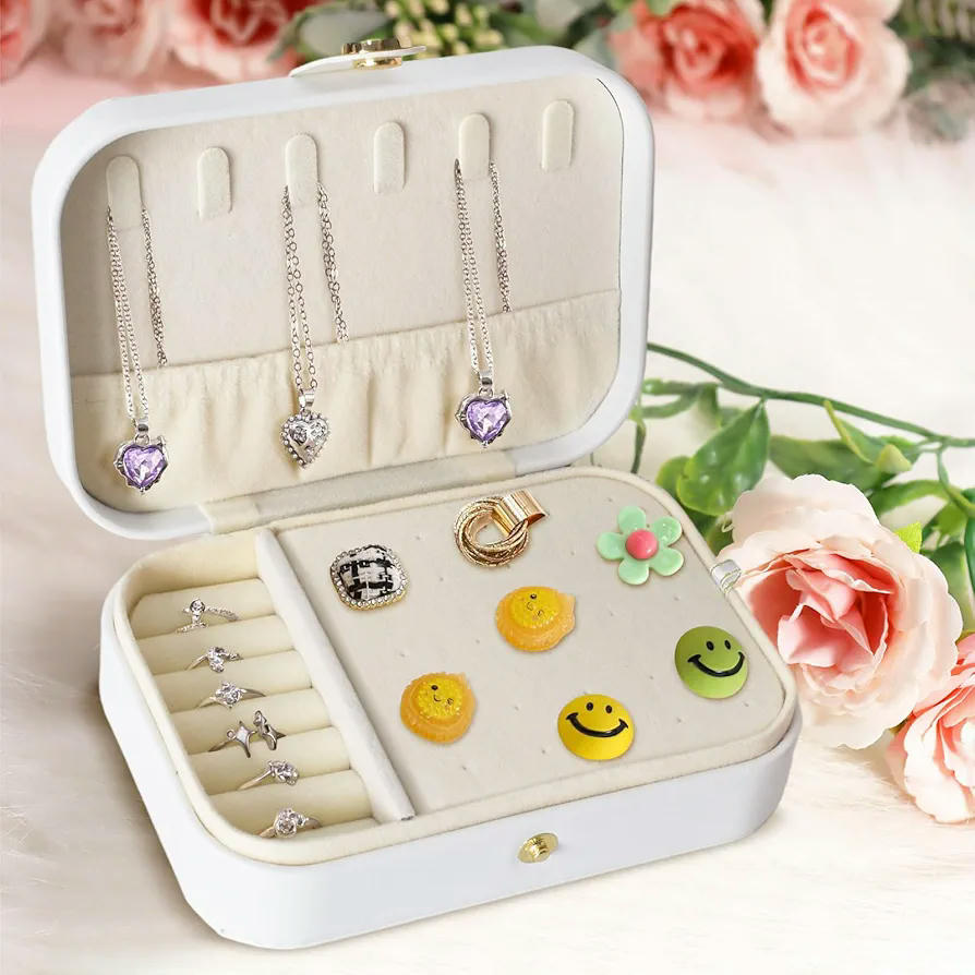 Joyero Organizador para Mujer de Cuero PU, 2 Capas y Forro de Terciopelo, Blanco