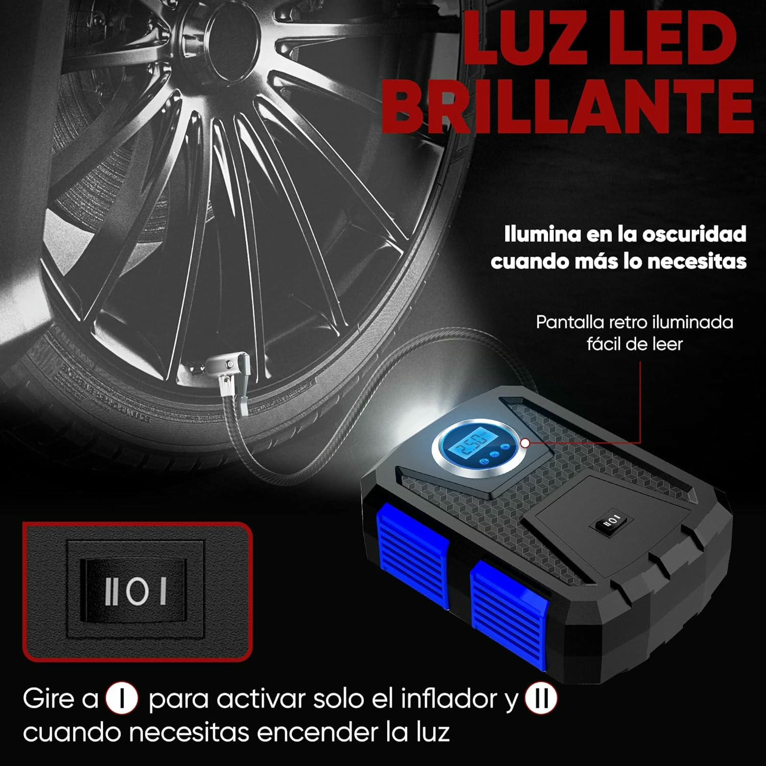 FORTEM Inflador de Ruedas de Coche, Compresor de Aire - Compresor de Aire Portátil para Ruedas de 12 V con Luz LED - Manómetro Digital, Autobombeo, Parada Automática - Bolsa de Transporte (Azul)