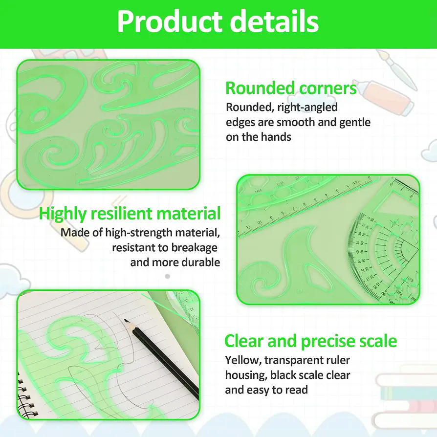 4 Piezas de Plantillas de Dibujo Geométrico para Medición y Diseño Artístico (Verde)