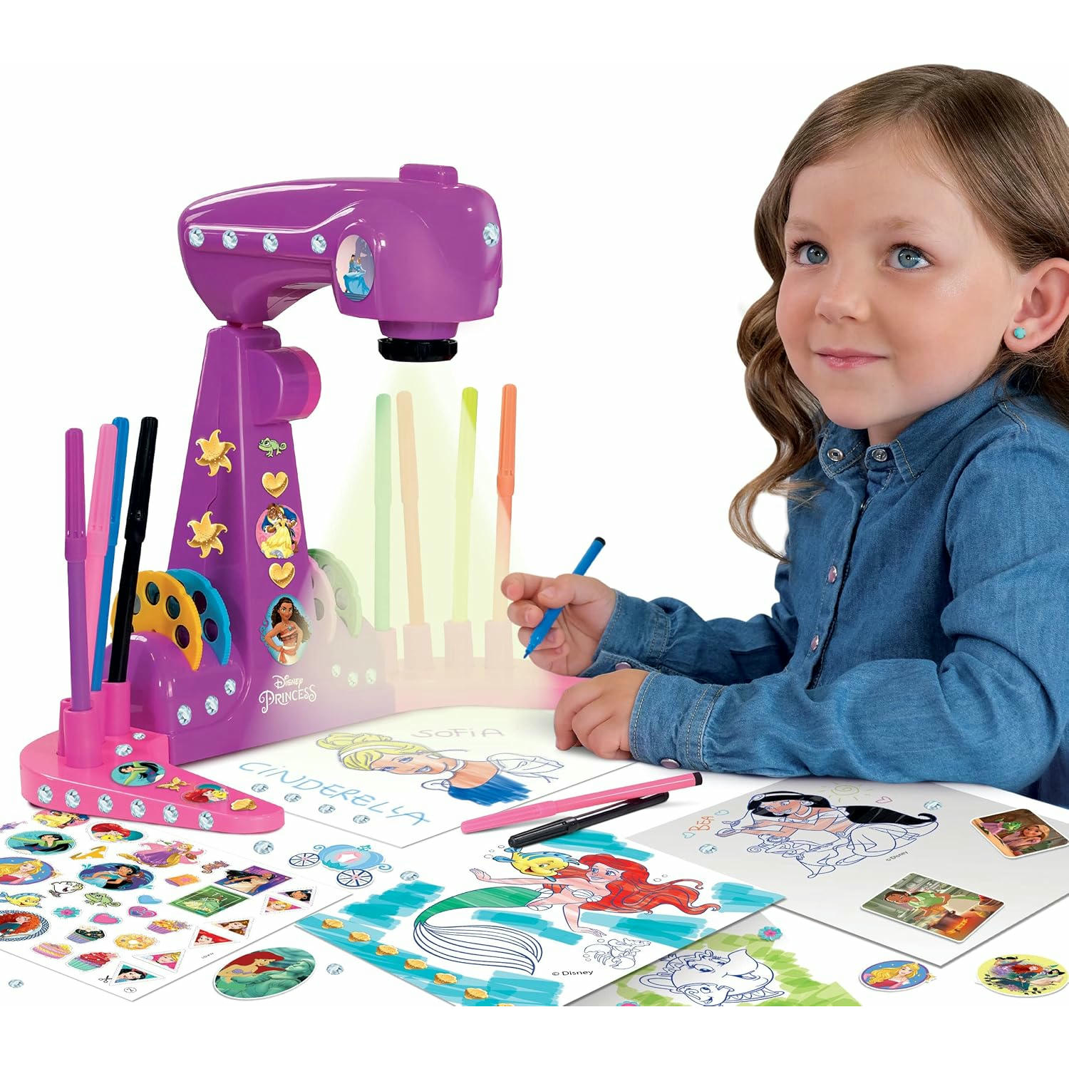 Lisciani Giochi - Escuela de dibujo con proyector de PRINCESAS DISNEY - Para niños a partir de 3 años - Aprende a dibujar con modelos proyectados - Incluye modelos, papel y lápices - Juego creativo