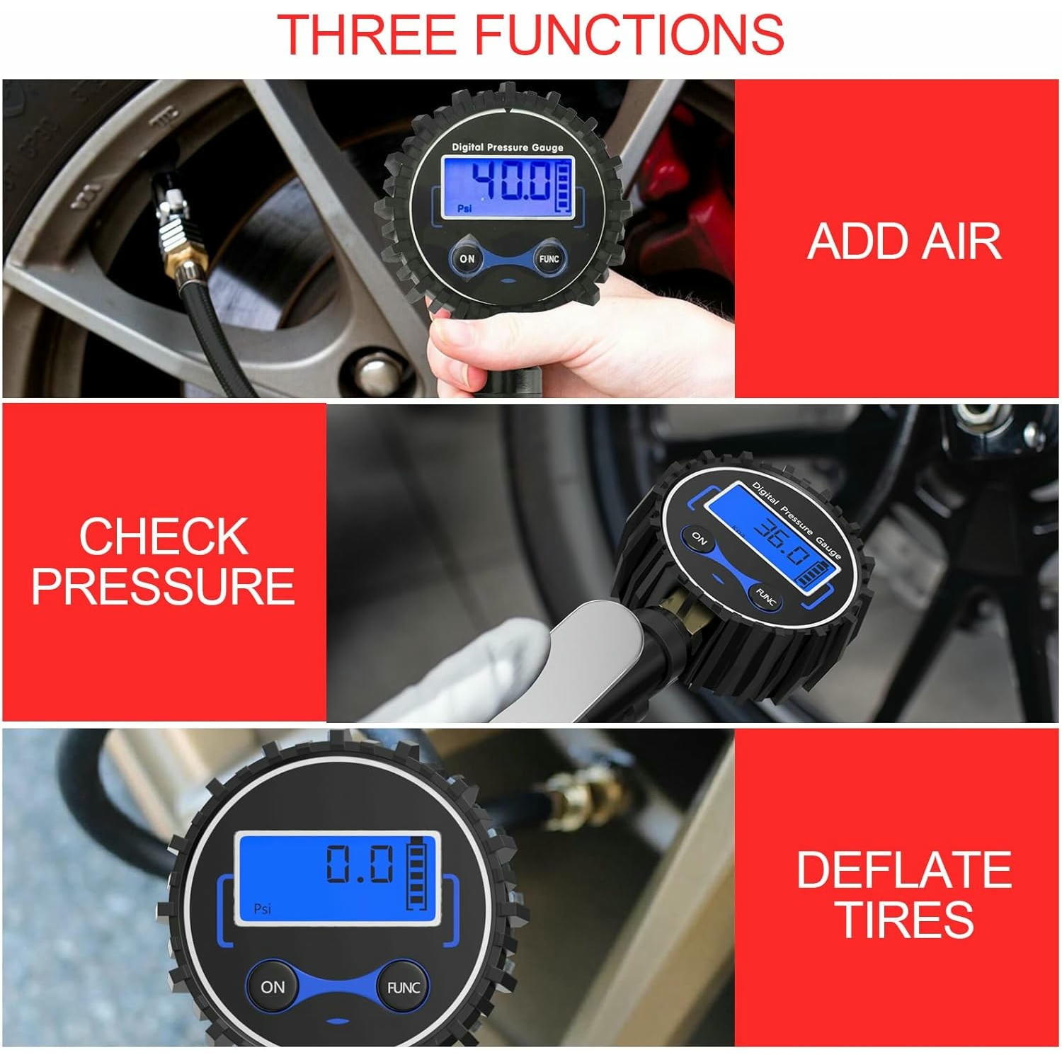 Gvolatee manometro presion neumaticos, manómetro presión neumáticos, inflador ruedas neumático con Manguera, Alta Precisión digital pressure gauge, 4 Unidades de Medida, para Bcicleta, Motocicleta