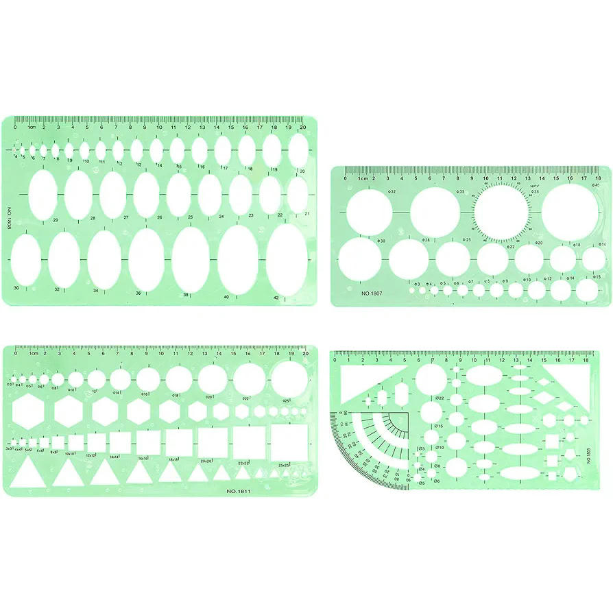 4 Piezas de Plantillas de Dibujo Geométrico para Medición y Diseño Artístico (Verde)