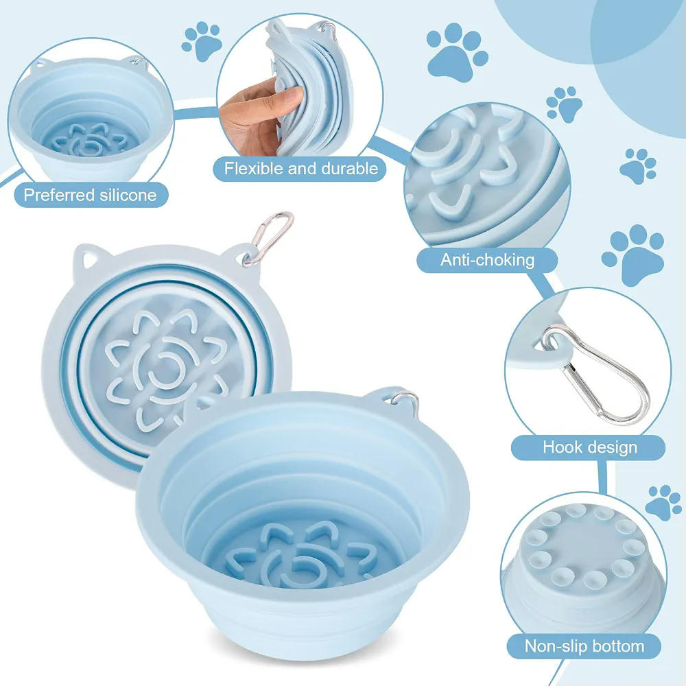 Pack de 2 Cuencos Plegables para Perro con Ventosa y Comedero Lento, 14 cm, 450ml (Azul y Rosa)