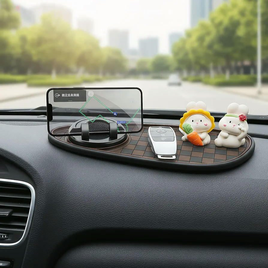 Alfombrilla Antideslizante para Coche con Soporte Móvil 360° Rotación y Almacenamiento, Marrón Negro