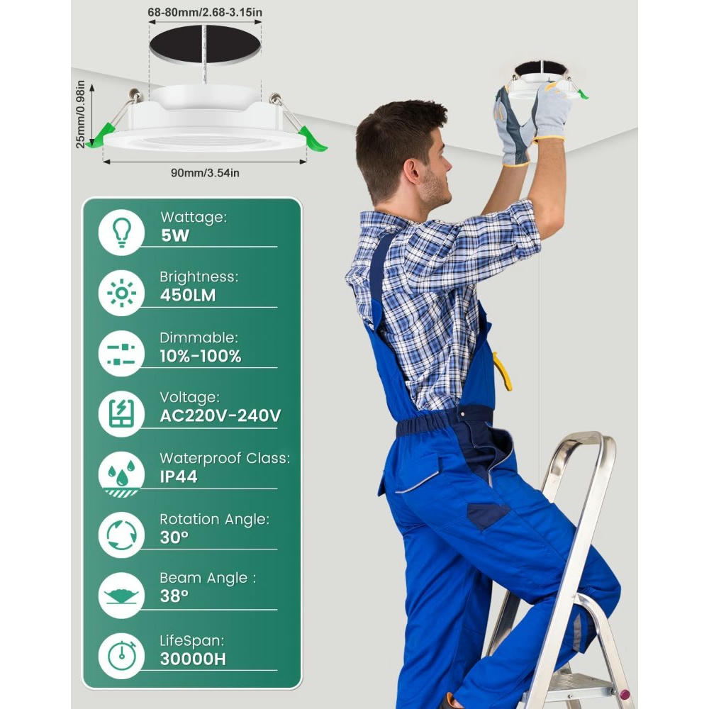 Focos LED Empotrables 230V 5W 450LM Dimmables IP44, Luz Neutra 4000K, Focos Orientables para Baño, Cocina, Sala, Set de 6 Unidades