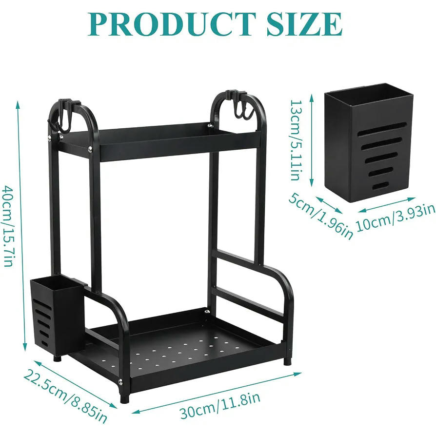 Especiero de Cocina de 2 Niveles con Soporte para Utensilios y Ganchos, 30 x 22,5 x 40 cm, Negro