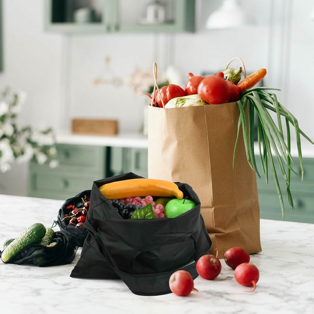 Bolsa Plegable Reutilizable de Tela Oxford, Paquete de 4 Unidades, Tamaño Expandido de 48x36.5 cm, Ideal para Compras y Viajes (Negro)