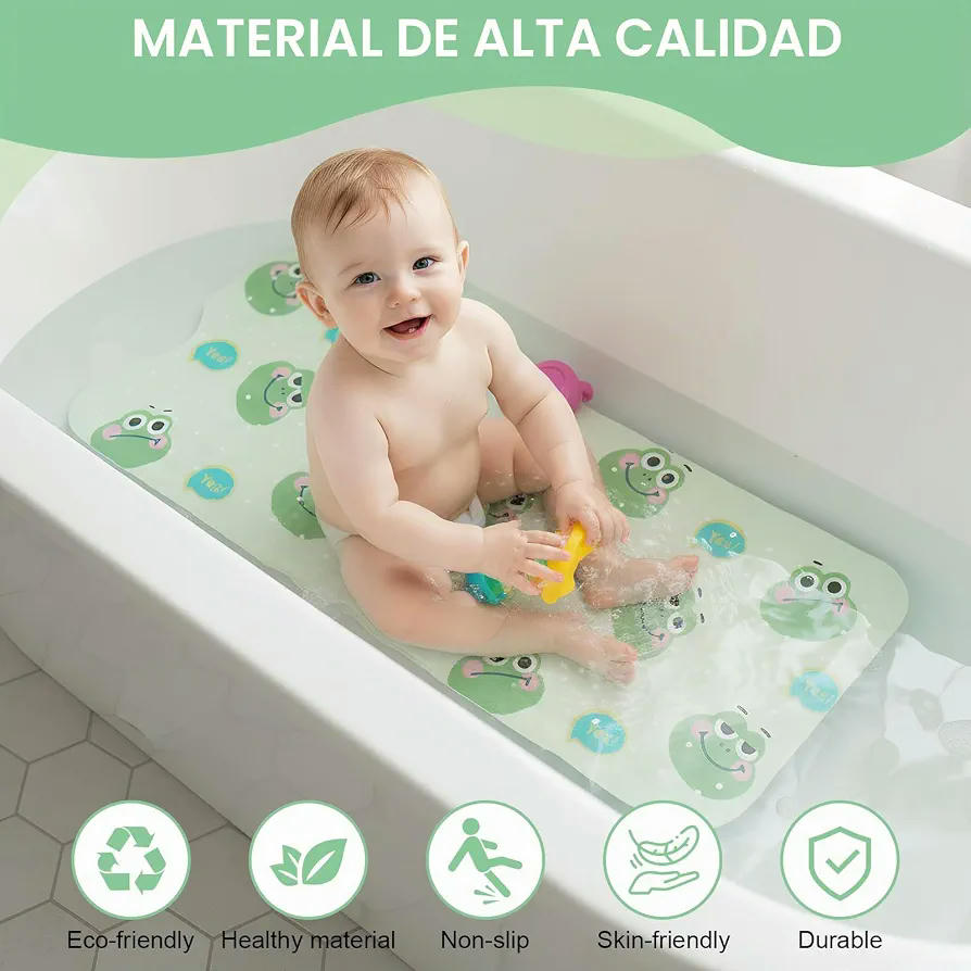 Alfombra Bañera Antideslizante Infantil 100 x 40 cm, Verde con Sapos, Lavable y Resistente al Moho, Sin BPA