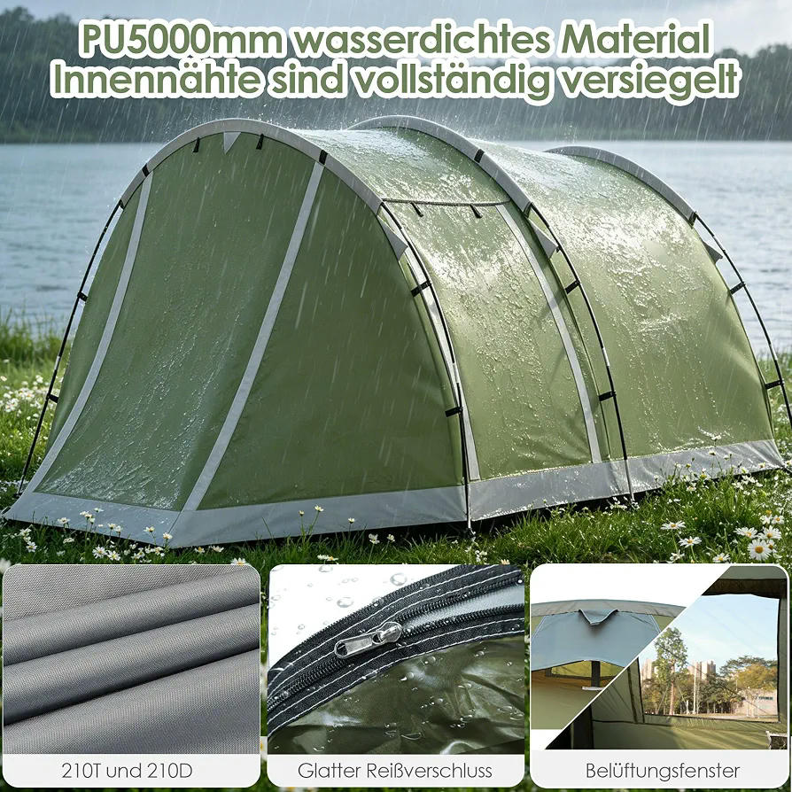 Tienda de campaña tipo túnel para 4 personas, impermeable 5000 mm, 420 x 260 x 150 cm, con toldo y suelo extraíble