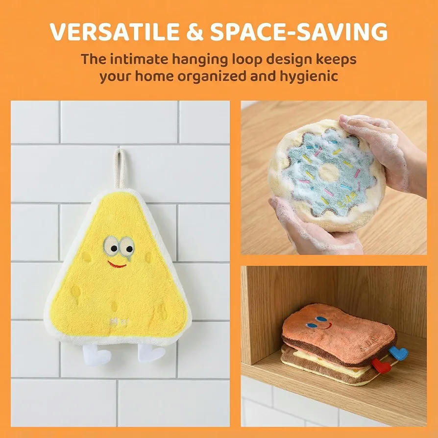 4 toallas de mano para niños, absorbentes de microfibra con gancho colgante para cocinas y baños, Multicolor