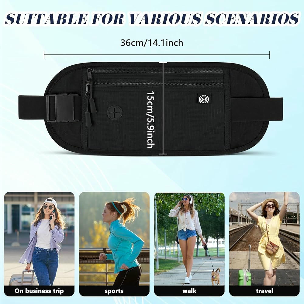 Riñonera impermeable, cinturón de dinero antirrobo, tecnología de bloqueo RFID, ideal para pasaporte y teléfono, color negro