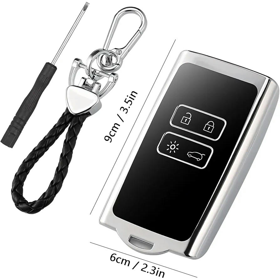 Funda de Llave para Coche Renault, Carcasa de Control Remoto con 4 Botones, Funda de TPU y Llavero de Cuero para Protección de Llave de Automóvil