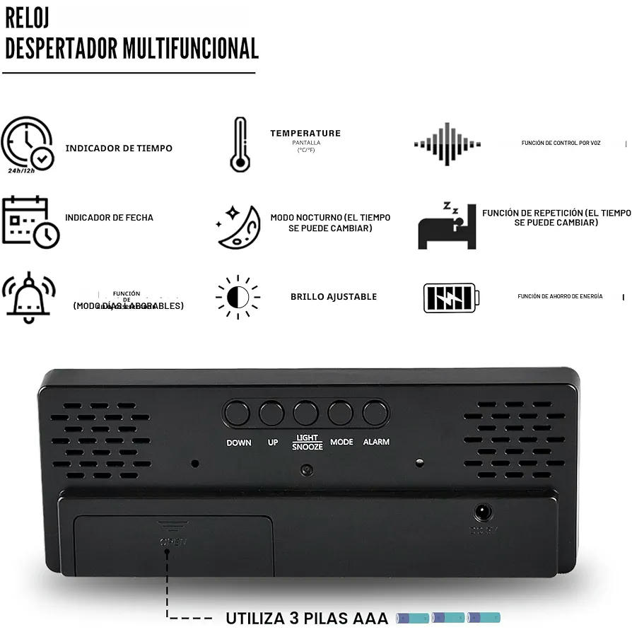 Reloj Despertador Digital con Pantalla LED Grande y Función de Alarma Activada por Sonido (Negro)