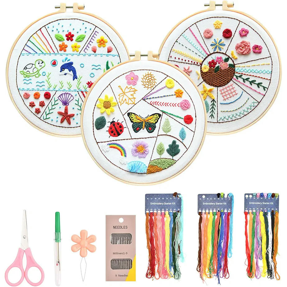 Kit de Bordado para Principiantes, 3 Piezas, Aros de Bordado de Plástico, Hilos de Colores, Agujas, Herramientas de Bordado y Punto de Cruz