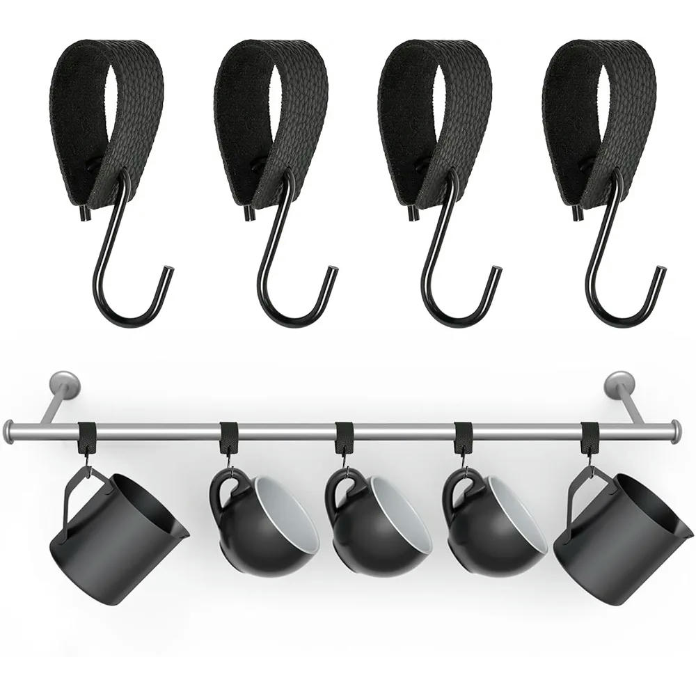 Set de 4 Ganchos en S, con Correa de Cuero Sintético, Ideal para Colgar Ropa, Sombreros y Utensilios, Sin Necesidad de Taladrar (Negro)