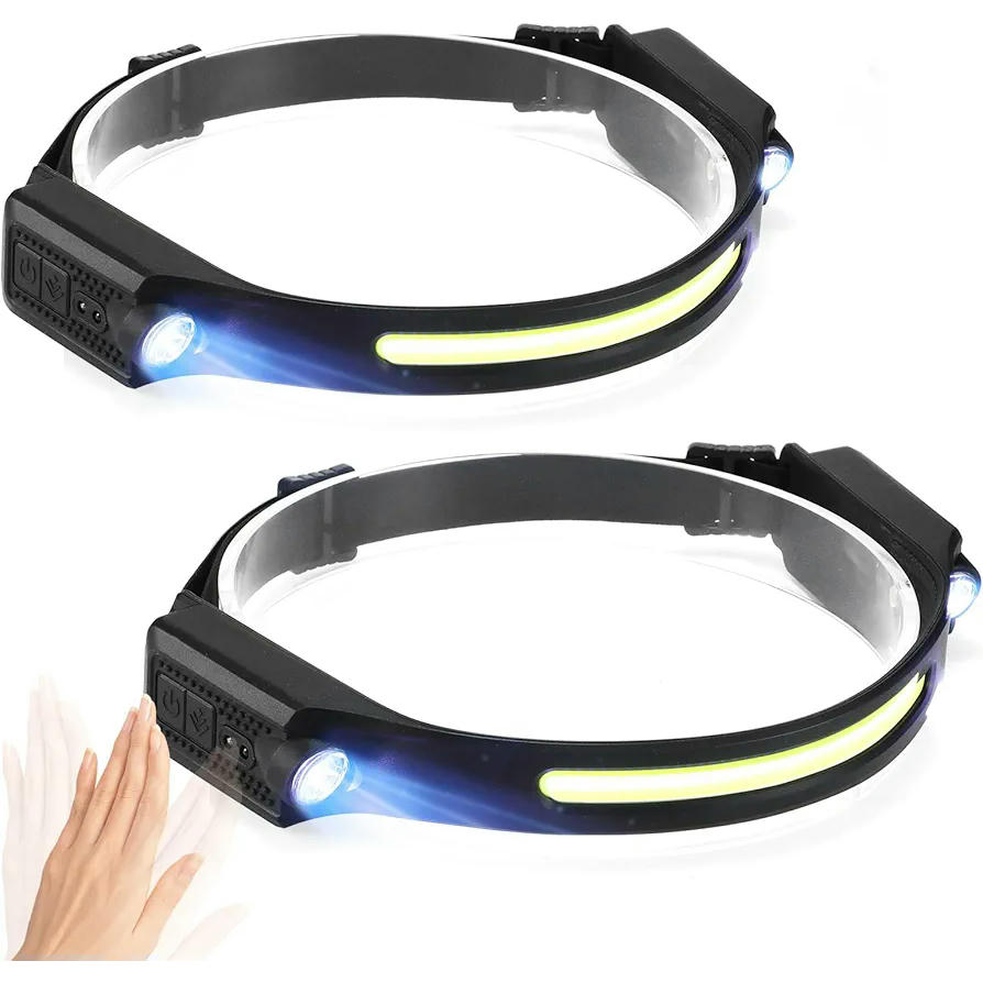 Linterna frontal LED recargable, 2 linternas superbrillantes con sensor de movimiento, 5 modos de iluminación, diadema impermeable, ideal para camping, correr, pesca y ciclismo