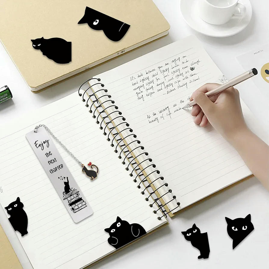 Marcapáginas magnéticos y de metal con diseño de gatos, 1 grande (Plateado) y 6 pequeños (Negro)