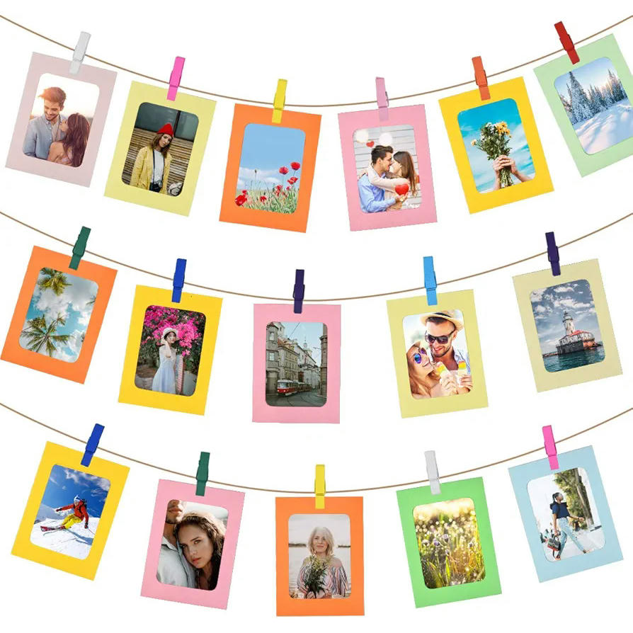 30 marcos de fotos de papel colorido con clips y cuerdas, marco para fotos de cartón de 15 x 11 cm, paquete completo para decoración (multicolor)