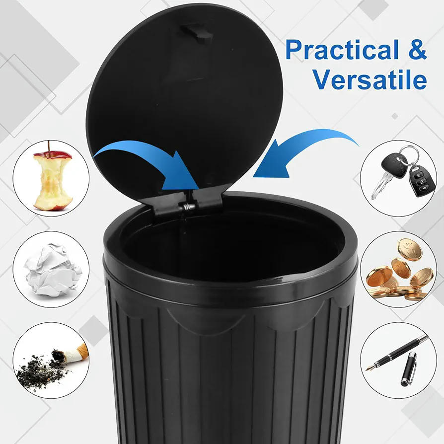 Bote de Basura para Coche Negro, Compacto y Portátil, Con Tapa y Neutralizador de Olores, Ideal para Automóviles, Hogar y Oficina, 16 cm (Color Negro)