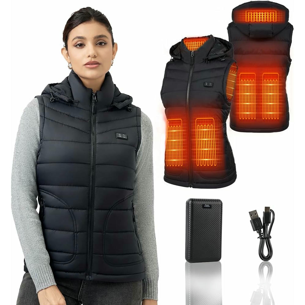 Chaleco calefactable mujer, modelo con capucha, 5 zonas de calefacción, batería de 7.4V 16000mAh, ideal para actividades al aire libre, Talla L