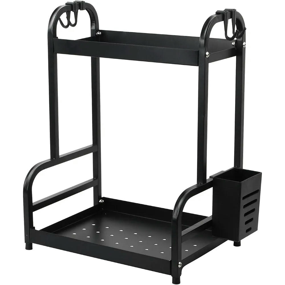 2-Tier Kitchen Spice Rack with Utensil Holder and Hooks, 30 x 22.5 x 40 cm, Black