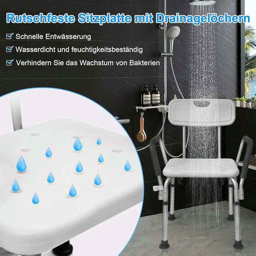 Silla de ducha regulable, 5 niveles de altura 37,5 - 50,5 cm, taburete antideslizante con respaldo y reposabrazos, asiento de aluminio y polietileno resistente