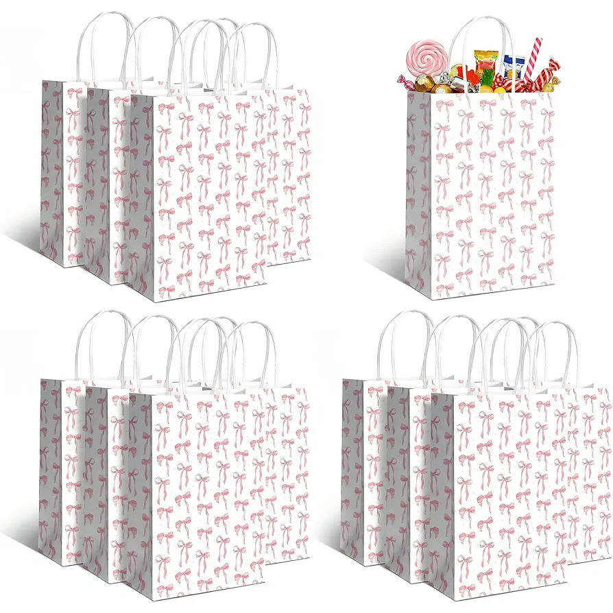 16 Bolsas de Papel de Regalo reutilizables con lazo rosa, 21 x 15 x 8 cm, ideales para cualquier celebración