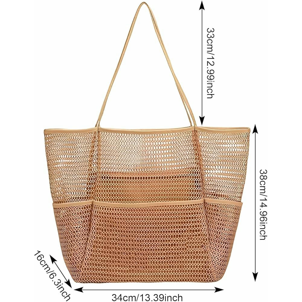 Bolsa Grande de Malla para Mujer con Cremallera y Bolsillos, Ideal para Playa y Compras (Marrón)