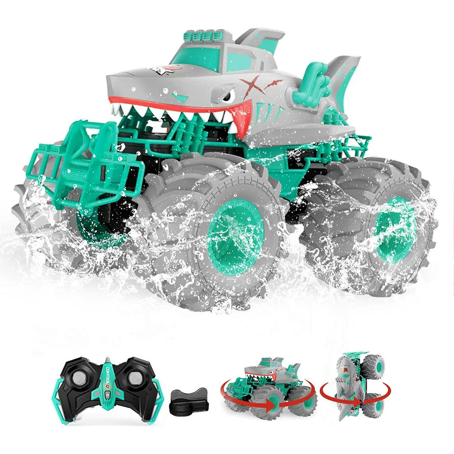Coche teledirigido RC anfibio tipo tiburón 4WD con 2 baterías recargables, juguete impermeable para niños