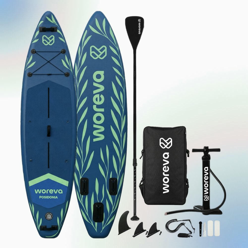 WOREVA POSIDONIA - Kit Paddle Surf Inflable 335cm | Tabla SUP Touring, Estable 3 quillas, Portable 3 asas, Ancho 84cm (hasta 160kg) | Pack con remo, inflador, mochila y más