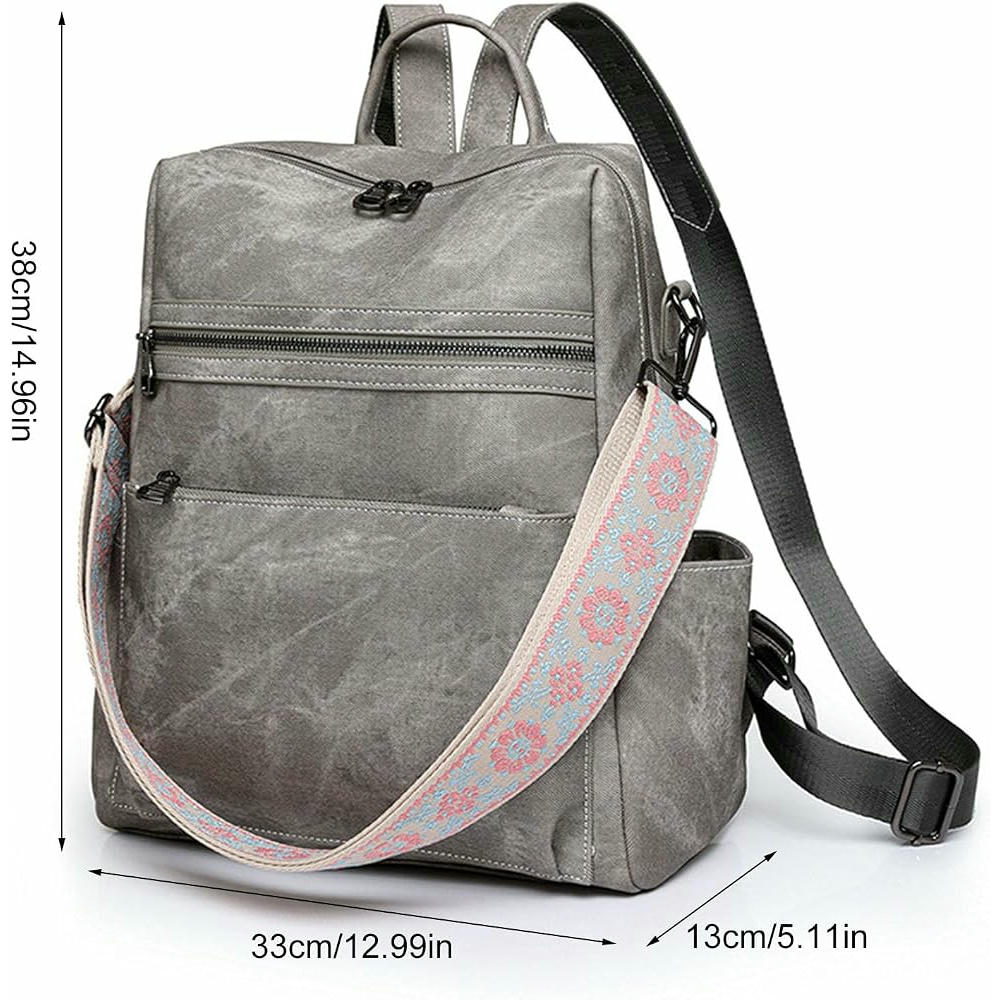 Mochila de piel sintética para mujer, gran capacidad, casual, con correa para bolso, ideal para viajes y uso diario (Gris)