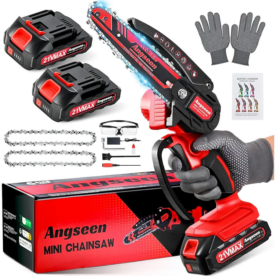 Battery Electric Mini Chainsaw for Pruning with 2 Batteries, 850 W 6 inches, with 2 Chains, Gloves, Glasses, and Safety Lock, for Cutting Wood and Gardening (Red)