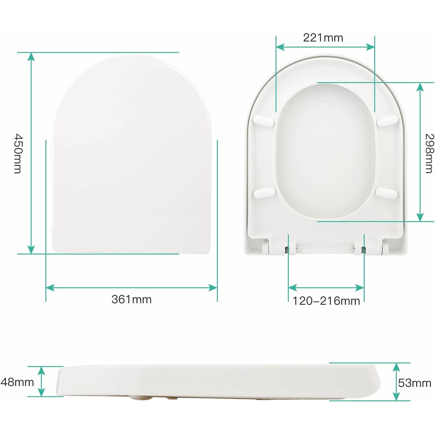 Himimi Tapa WC Universal, Asiento para Inodoro, Asiento de Inodoro en Forma de D, Tapas de Water Cierre Suave Lento, Bisagras Ajustables, Desmontaje Rápido, Fácil de Limpiar(450 x 361 x 53 mm)