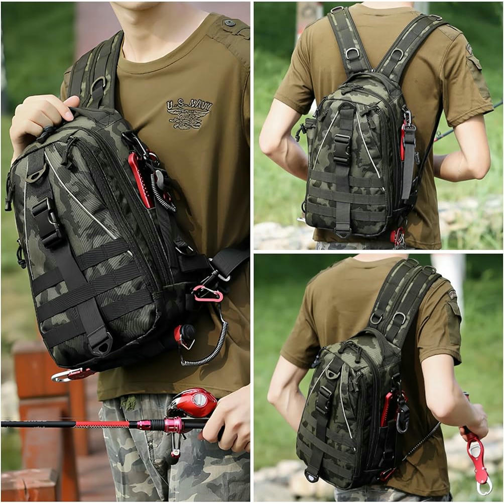 Bolsa de almacenamiento para aparejos de pesca, mochila bandolera y de pecho, ideal para senderismo, caza y camping, color verde oscuro, 36x22x13 cm
