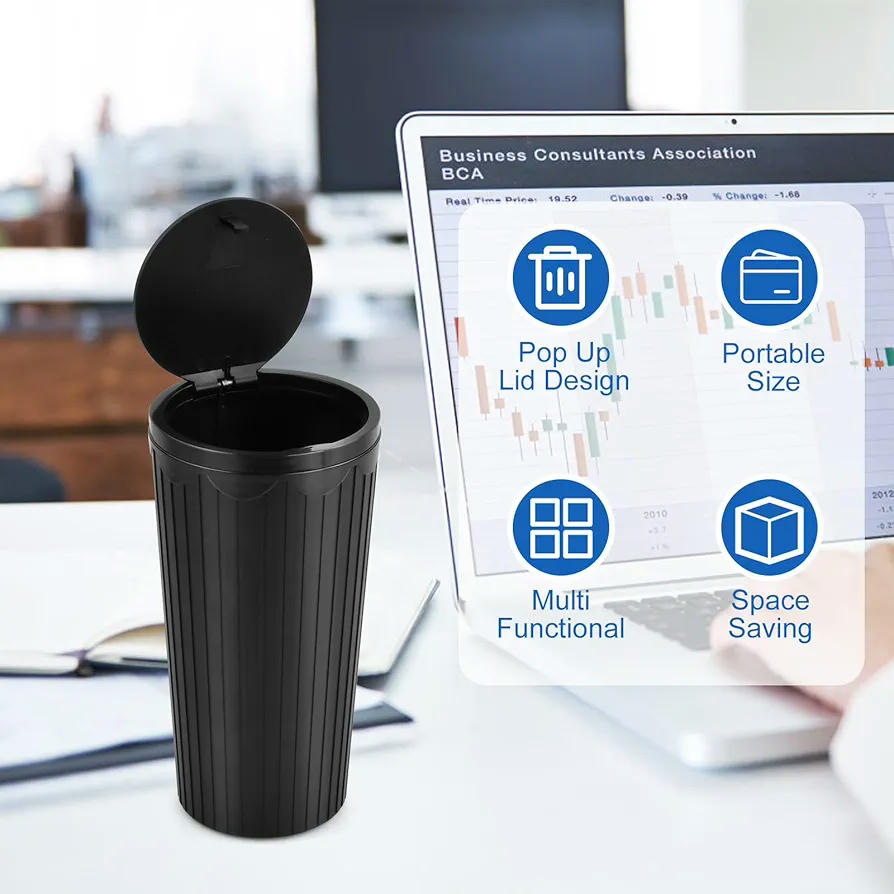 Bote de Basura para Coche Negro, Compacto y Portátil, Con Tapa y Neutralizador de Olores, Ideal para Automóviles, Hogar y Oficina, 16 cm (Color Negro)