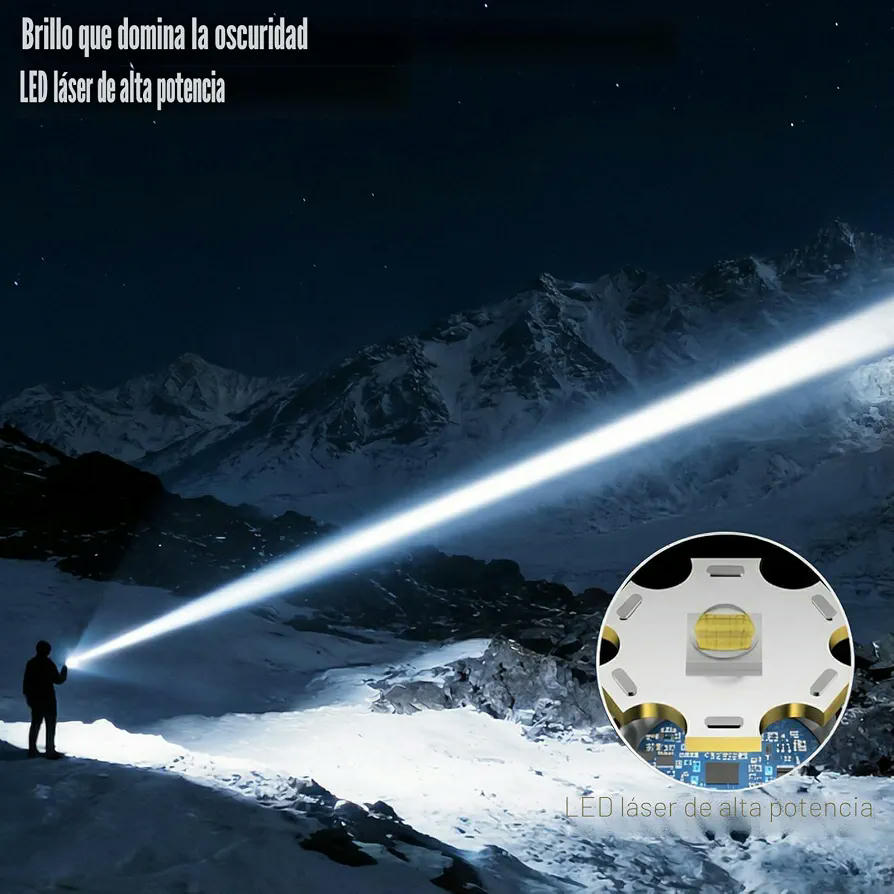 Linterna LED Recargable de Alta Potencia 900000 Lúmenes con Lente de Encendido y 4 Modos de Iluminación