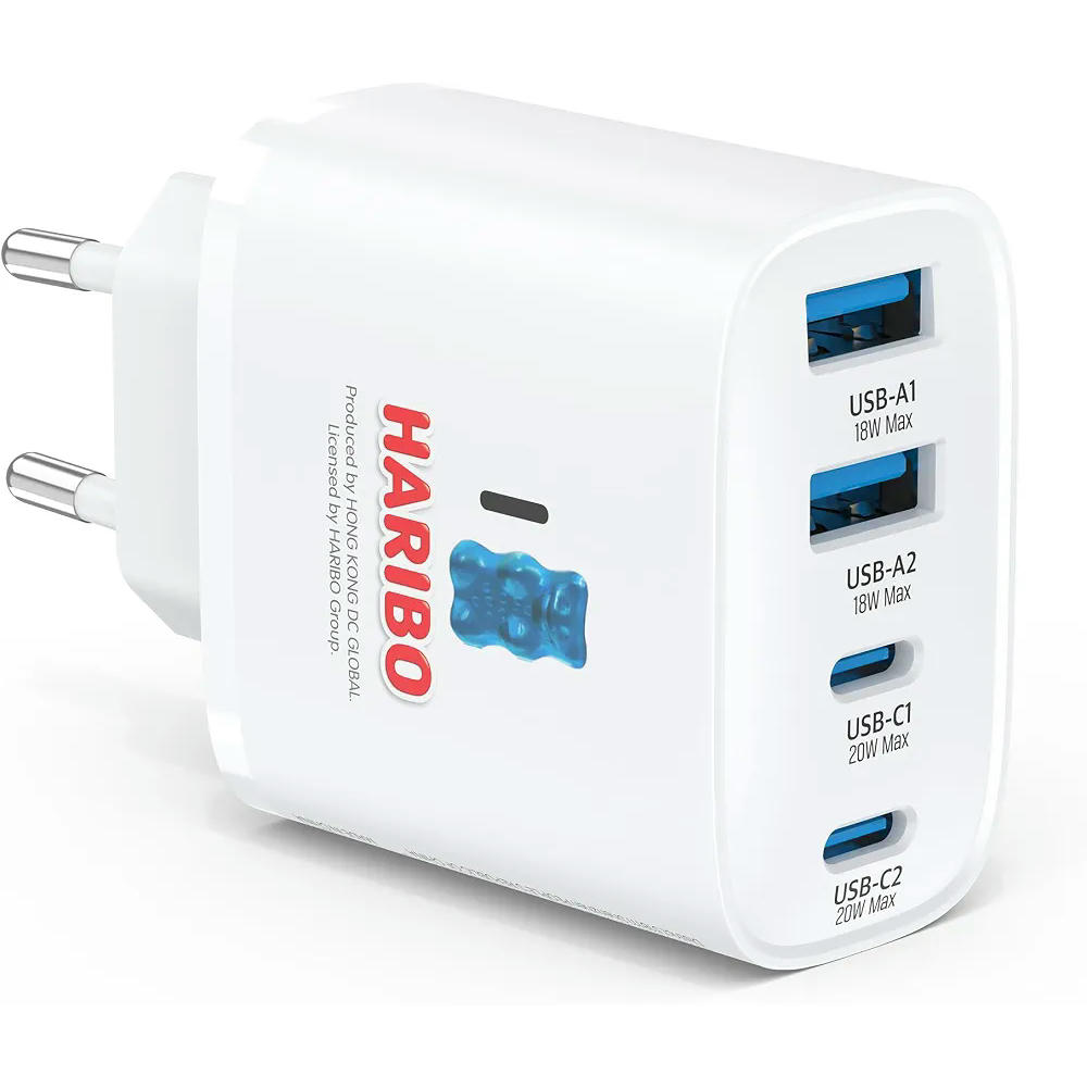 Charger with 4 Ports, 2 USB-A of 18W and 2 USB-C of 20W, Quick Charge QC3.0 and PD Multiple, Total Capacity 40W, White Color