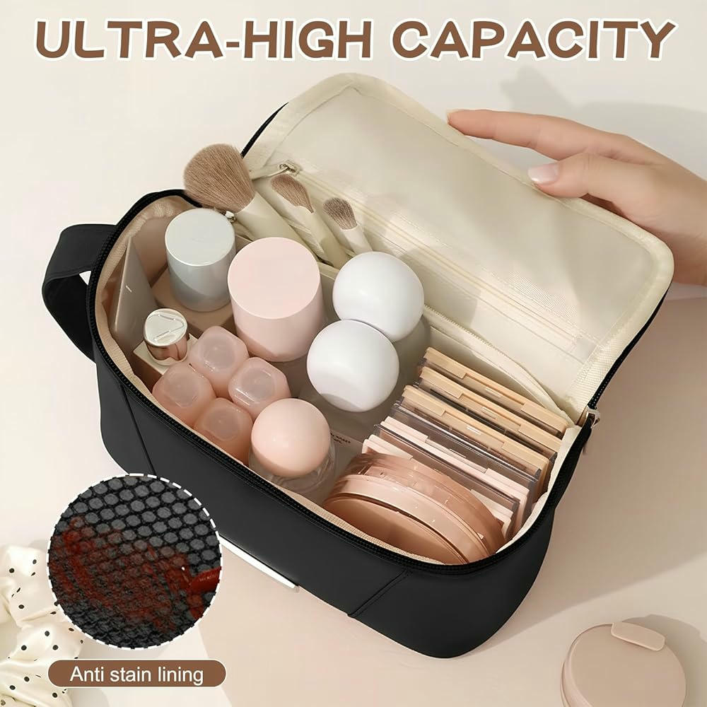 Bolsa de Cosméticos Impermeable para Mujer, Neceser de Maquillaje Ligero, Estuche Organizador con Abertura Ancha, Ideal para Viajes y Uso Diario (Negro)
