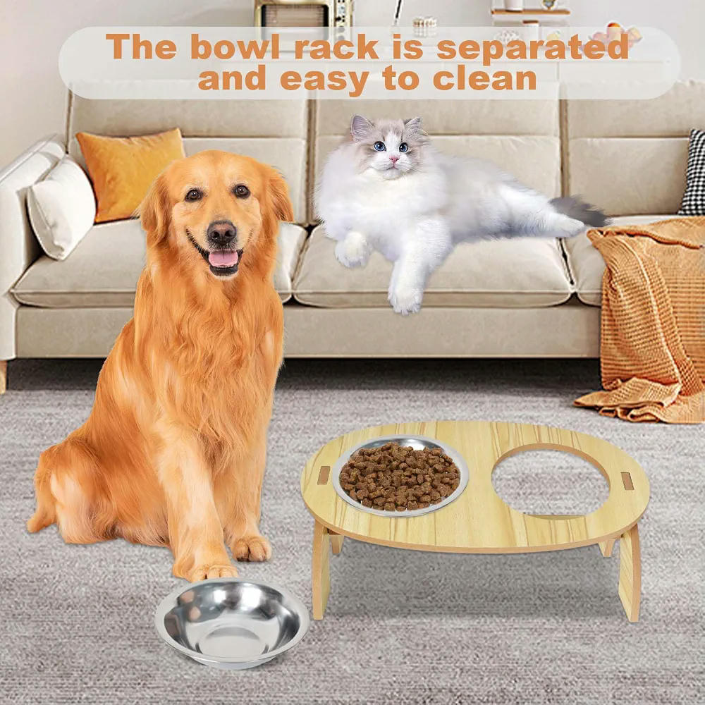Comedero Elevado para Gatos con 2 Cuencos de Acero Inoxidable y Soporte de Madera de 33 cm (Marrón)