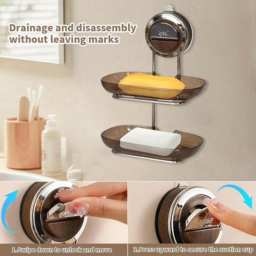 Jabonera de Pared con Doble Capa y Ventosa Fuerte, Porta Jabón Sin Taladro para Baño y Cocina, Impermeable, Fácil de Instalar, para Superficies Lisas