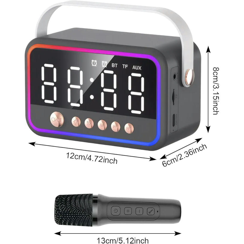 Máquina de karaoke portátil con 2 micrófonos, altavoz Bluetooth multifuncional con luz RGB y doble alarma, sonido estéreo 360° (Negro)