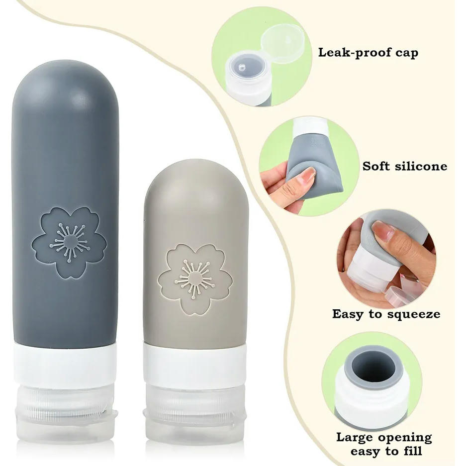 Botellas de viaje de silicona, set de 18 piezas, contenedores portátiles rellenables con bolsa transparente, recipientes para champú, lociones y líquidos (Gris)