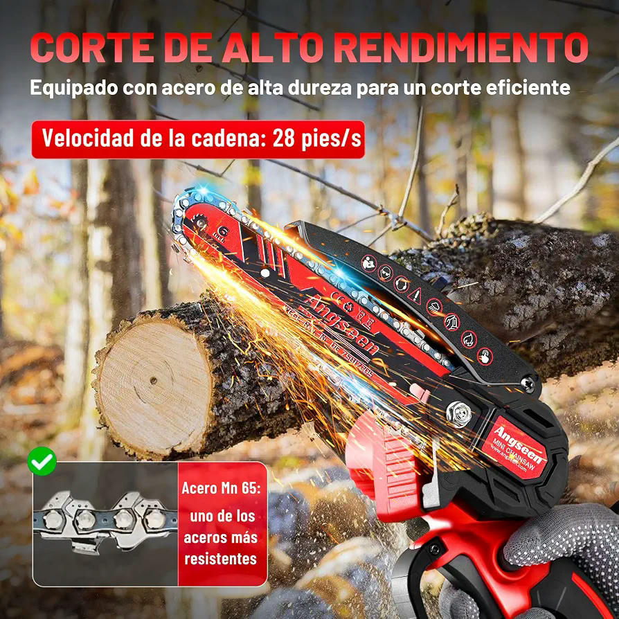 Mini motosierra eléctrica a batería para podar con 2 baterías, 850 W 6 pulgadas, con 2 cadenas, guantes, gafas y bloqueo de seguridad, para cortar madera y jardinería (Rojo)