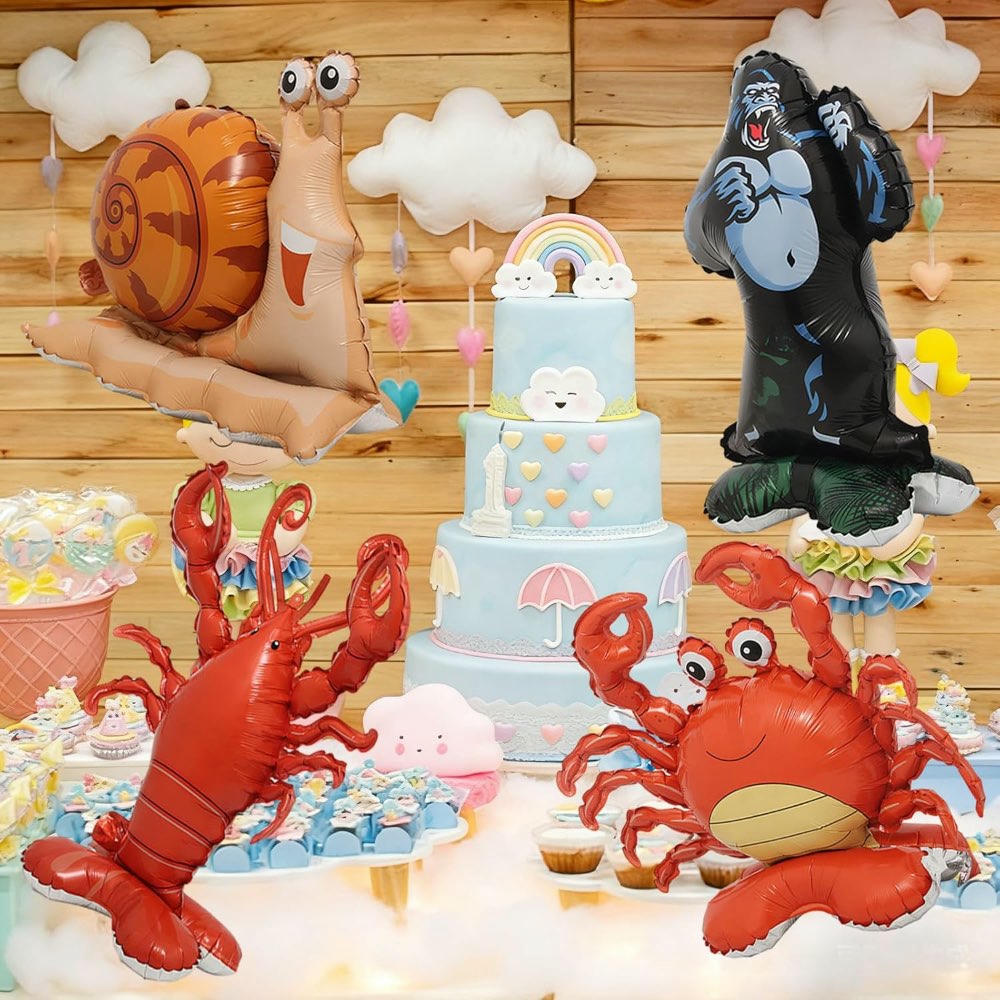 Paquete de 4 globos de animales, globos de foil de animales de selva y mar, incluye cangrejo, caracol, langosta y orangután, ideales para fiestas de cumpleaños