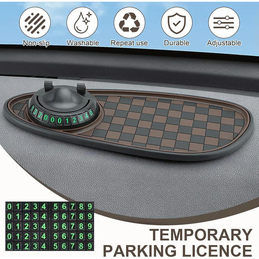 Alfombrilla Antideslizante para Coche con Soporte Móvil 360° Rotación y Almacenamiento, Marrón Negro
