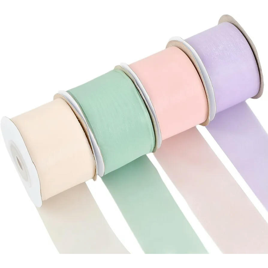 Cinta Organza 38mm x 18m en 4 Colores para Decoración y Manualidades (Multicolor Pasteles)