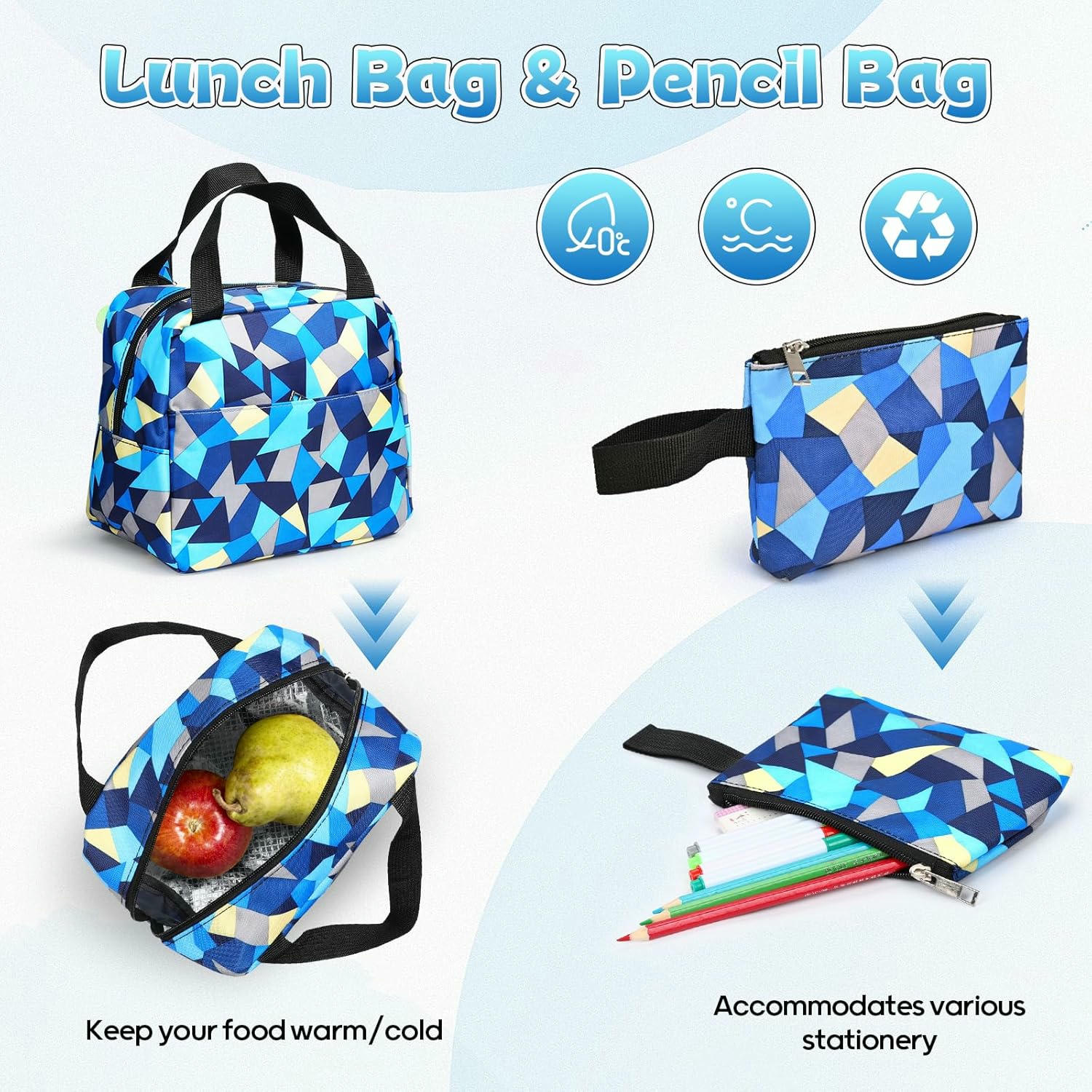 Mochila Escolar para Niños - 3 en 1, Incluye Bolsa de Almuerzo y Estuche para Lápices, Impermeable, Ideal para Escuela y Viajes, color azul