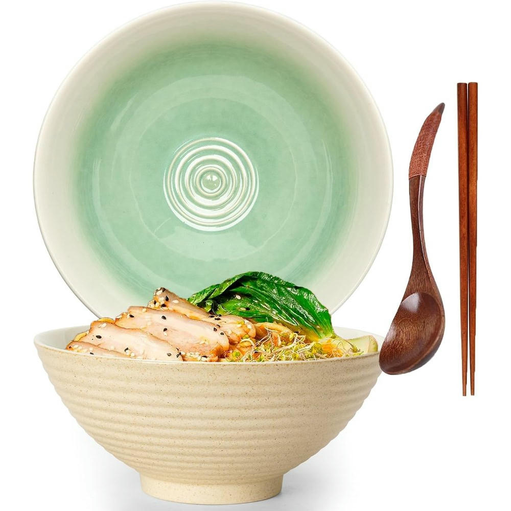 Set de 2 Tazones de Ramen de Cerámica de 1200ml con Palillos y Cuchara, Beige
